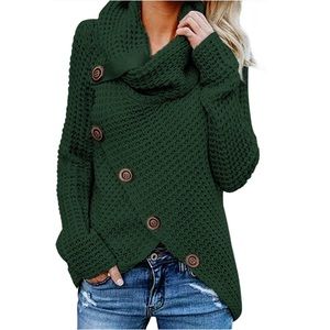 Hunter Green Cowl Neck Asymmetric Wrap Pullover Sweater Chunky Knitted Top